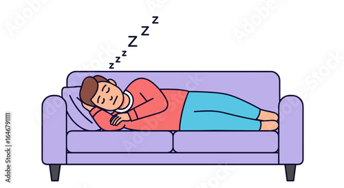 Man sleeping peacefully on comfortable couch while dreaming deeply