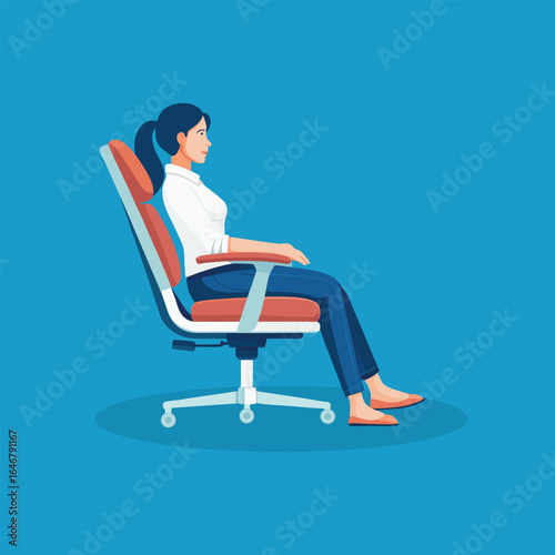  Ethnicity woman sitting in comfortable adjustable ergonomic armchair with lumbar support, flat vector illustration
