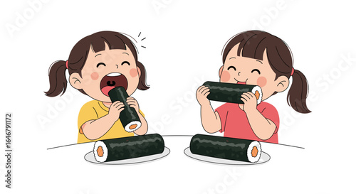 Two young girls happily enjoying delicious seaweed rolls together at a table