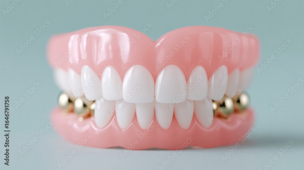 Obraz premium A full set of realistic dentures featuring white teeth and gold accents on a pale blue background