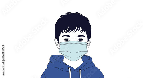 Boy wearing a protective face mask to prevent illness and spread of germs