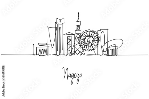 Nagoya city skyline in a single line drawing shows Nagoya TV Tower, JR Central Towers and Oasis 21, a city skyline concept themed around Japan travel, architecture, landmarks and urban style.