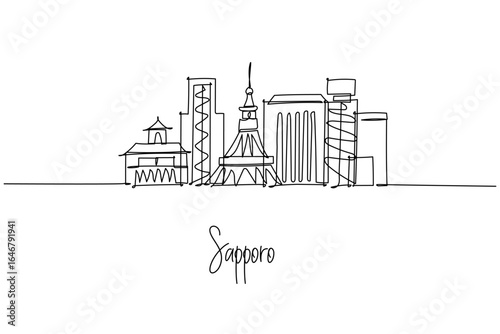 Sapporo city skyline in a one line drawing highlights Sapporo TV Tower, Clock Tower and JR Tower, a city skyline concept themed around Hokkaido Japan travel, winter culture and modern architecture.