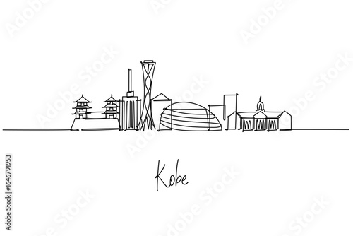 Kobe city skyline in a continuous line drawing features Kobe Port Tower, Meriken Park and Harborland, a city skyline concept themed around Japan travel, waterfront culture and modern architecture.