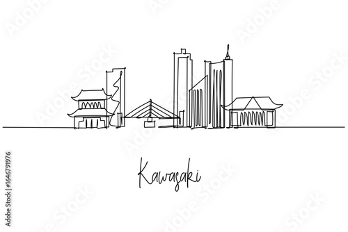 Kawasaki city skyline in a continuous line drawing shows Kawasaki Daishi, Musashi Kosugi towers and Tama River bridge, a city skyline concept themed around Japan travel, industry and urban culture.