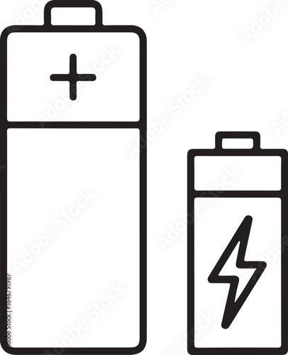 Two simple line art icons of batteries one larger and one smaller representing power and energy