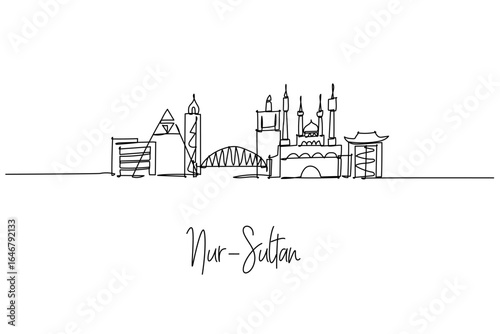 Nur-Sultan city skyline in a single line drawing presents Bayterek Tower, Khan Shatyr and Ak Orda, a city skyline concept themed around Kazakhstan travel, futuristic architecture and culture.