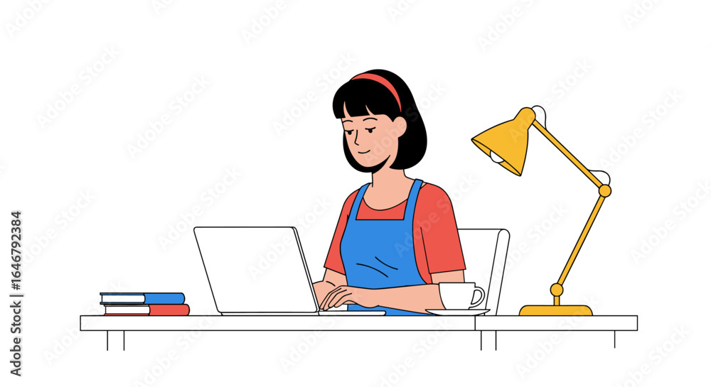 Fototapeta premium Young woman working diligently on a laptop at a desk with books and coffee
