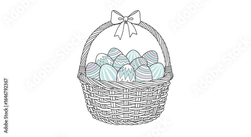 Hand drawn easter basket filled with decorated colorful eggs and a bow