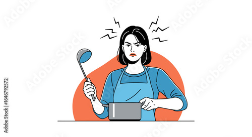 Frustrated chef holding ladle over pot angry expression kitchen scene