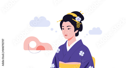 Elegant woman in traditional japanese kimono with stylized floral patterns and hair ornaments