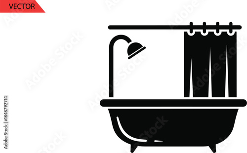 Bathtub with Shower and Curtain, Plumbing Fixture for Personal Hygiene