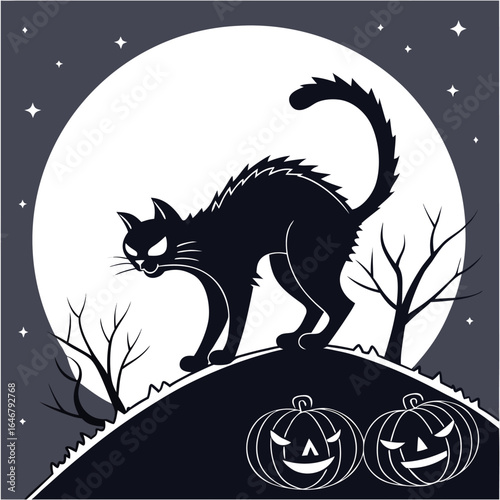 A spooky black cat arches its back on a hill under a large full moon with bare trees and jack o lanterns setting a classic halloween scene