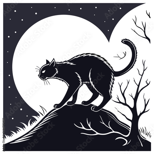 A black cat walks on a hill under a large moon with bare trees and stars in the night sky evoking a spooky halloween atmosphere