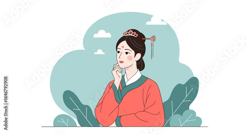 Elegant chinese woman wearing traditional clothing contemplating nature amidst lush greenery