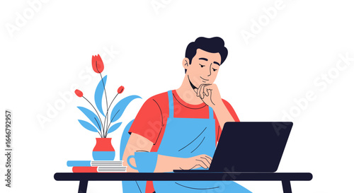 Man working on laptop at desk with coffee and plant thoughtfully considering project
