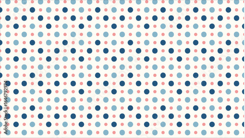 A beautiful and elegant seamless vector pattern with a stylized polka dot design, where navy blue and blush pink dots are neatly arranged on a clean ivory field.