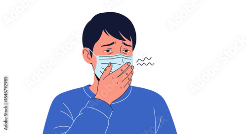 Person wearing protective mask showing symptoms of illness covering mouth with hand