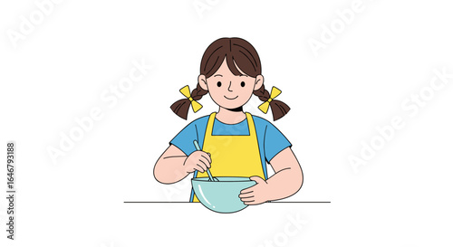 Young girl happily mixing ingredients in a bowl wearing an apron