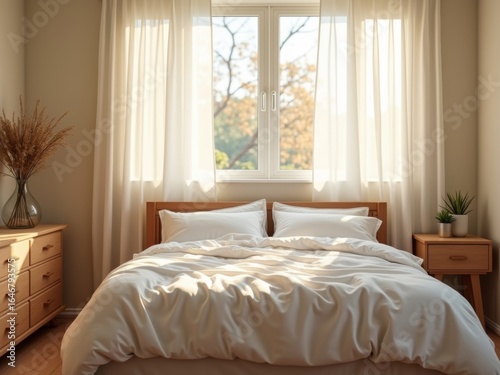 A tranquil bedroom with a comfortable bed and white linens, illuminated by the warm glow of a sunrise or sunset. The golden light and soft shadows create a cozy, serene, and peaceful atmosphere