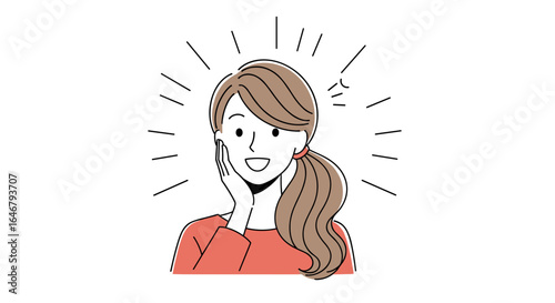 Excited woman with hand on cheek smiling happily with sparkles around her head