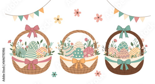 Three beautiful easter baskets filled with decorative eggs and flowers for your holiday celebration