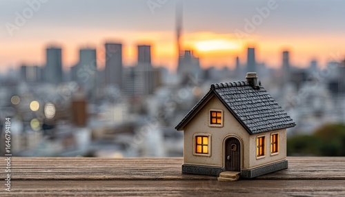 Miniature house on wooden surface, cityscape backdrop