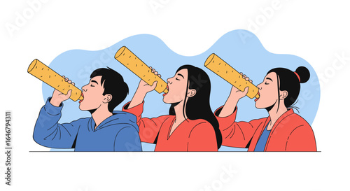 Young people imbibing fluids from large yellow tubes merrily