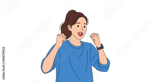Young woman celebrating success with joyful expression and fist pumps energetically
