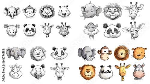 Adorable cartoon-style illustration set of animal faces including elephants, lions, pandas, giraffes, and monkeys in soft pastel and grayscale designs.