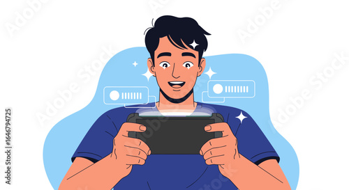 Young man enthusiastically playing a video game on a portable console