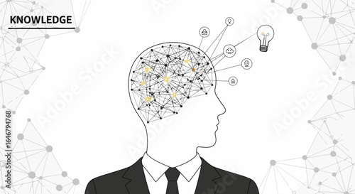 Man's mind visualized with glowing neural network and icons representing ideas and knowledge