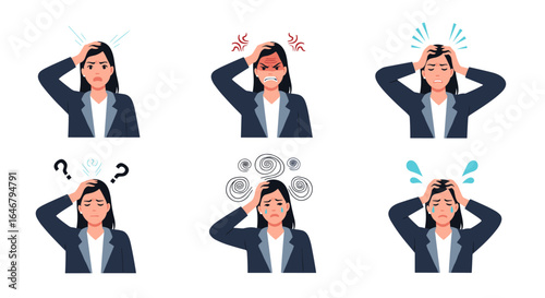 Businesswoman showing various expressions of stress frustration and confusion