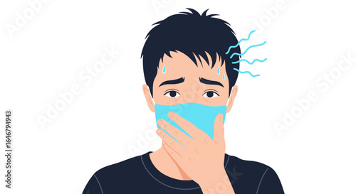 Man wearing face mask feeling unwell with sweating and coughing symptoms