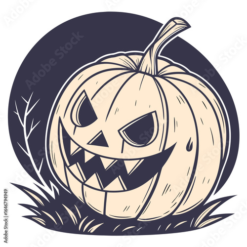 Spooky halloween jack o lantern with a menacing grin and sharp teeth set against a dark moody background with grass and bare branches