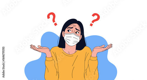 Confused woman wearing face mask with question marks uncertainty and doubt