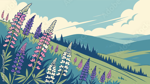 Scenic landscape illustration of lupine flowers in a mountain meadow with a beautiful sky view art