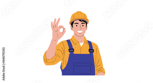 Skilled construction worker gives a positive ok sign gesture of approval