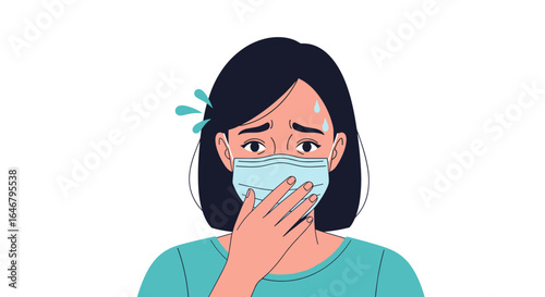 Young woman experiencing discomfort and anxiety while wearing a face mask