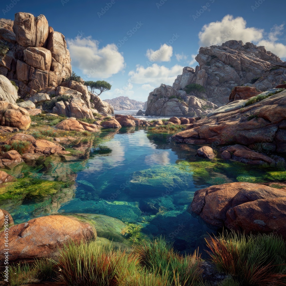 Obraz premium Sunny coastal cove with granite boulders and crystal-clear water