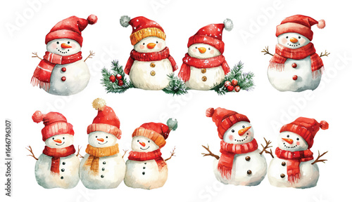 Christmas watercolor snowman character winter illustration in red hat and scarf New Year card