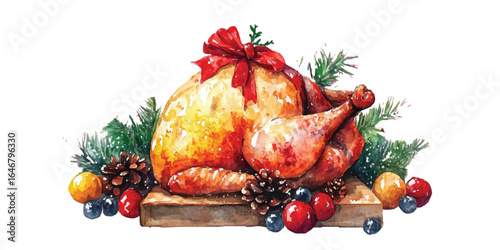 Christmas Festive Watercolor Roasted Turkey with berries and pine branches