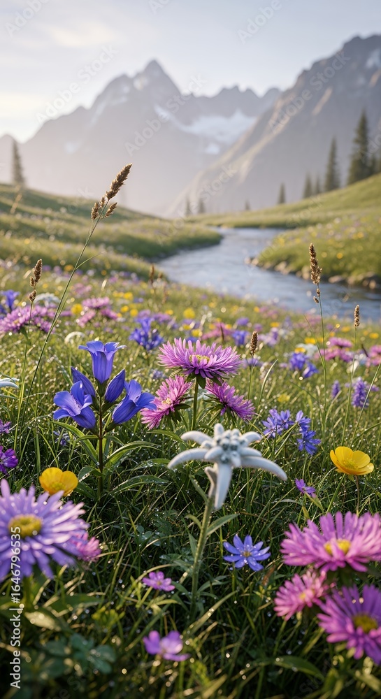 Obraz premium Picturesque Alpine Meadow with Wildflowers, Mountain Stream, and Misty Peaks