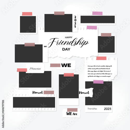 Set of realistic photo or pictures frame on a Square background. Digital photos wall template friendship theme