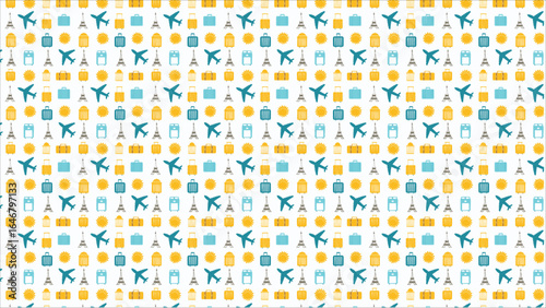 A colorful and engaging summer travel banner, using a flat design to illustrate a plane soaring above well-known landmarks, perfect for a travel agency.