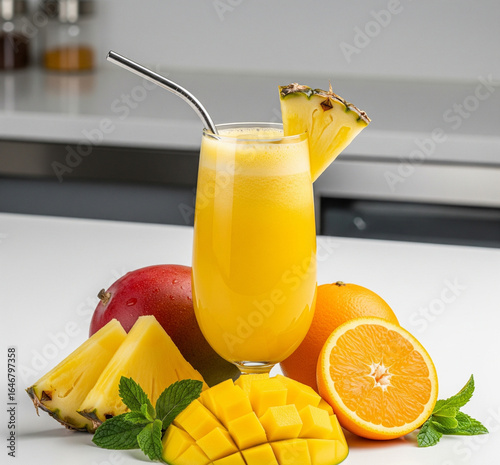 Refreshing tropical fruit smoothie with mango and pineapple