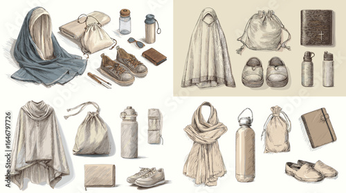 Watercolor illustration set of travel essentials and modest wear, including shawls, shoes, bottles, bags, and accessories in neutral earthy tones.