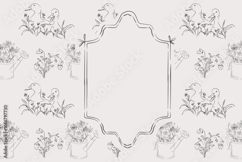 Whimsical garden frame with duck, strawberry and floral elements. Hand-drawn outline design in vintage cottagecore style. Perfect for farm-themed labels, greeting cards, rustic branding