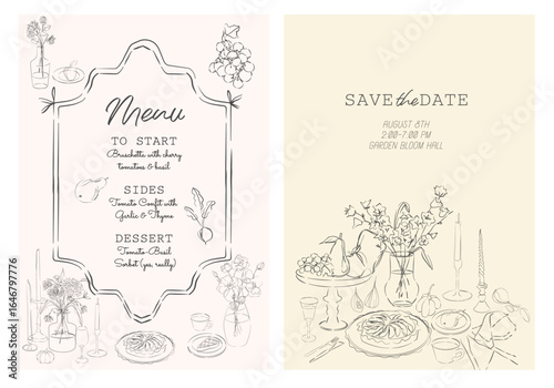 Cottagecore autumn wedding menu and save the date card templates. Hand-drawn illustrations with rustic table setting, wine glasses, harvest fruits, pie, candles, and flowers. Elegant and cozy line art