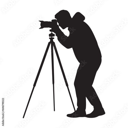A photographer taking a picture with a tripod pure white background sharp